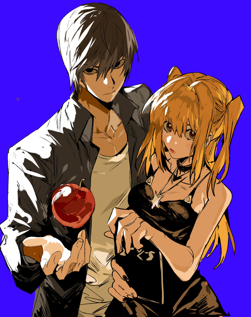 absurdres amane_misa apple black_dress black_eyes black_nails blue_background brown_eyes brown_hair closed_mouth death_note death_note_(object) dress floating floating_object food fruit grey_shirt highres holding holding_notebook long_hair notebook object_floating_above_hand open_clothes open_shirt red_apple shirt short_hair simple_background standing straight_hair undershirt upper_body white_undershirt xi_luo_an_ya yagami_light