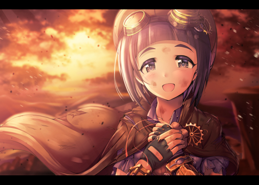 1girl arm_guards black_gloves blue_hair blunt_bangs blush breasts brown_cloak brown_headwear cloak clouds collarbone cup dirty dirty_clothes dirty_face dot_nose fingerless_gloves gloves goggles goggles_on_head gradient_sky hands_up idolmaster idolmaster_cinderella_girls idolmaster_cinderella_girls_starlight_stage looking_at_viewer ment okazaki_yasuha open_mouth outdoors own_hands_clasped own_hands_together purple_shirt shirt short_hair short_sleeves sky small_breasts smile solo sunset upper_body violet_eyes