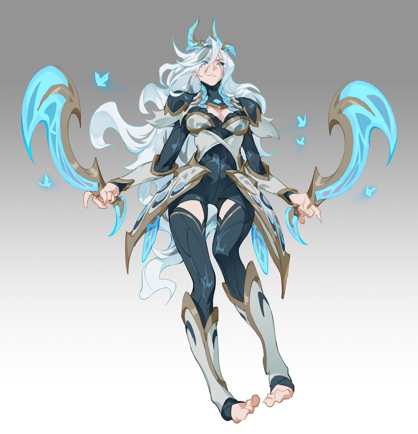 1girl armor black_sclera blue_eyes blue_thighhighs cleavage_cutout clothing_cutout colored_sclera concept_art dual_wielding faerie_court_katarina full_body gauntlets highres holding horns katarina_(league_of_legends) league_of_legends long_hair lucaxu1991 pauldrons shoulder_armor solo standing thigh-highs toeless_footwear white_hair