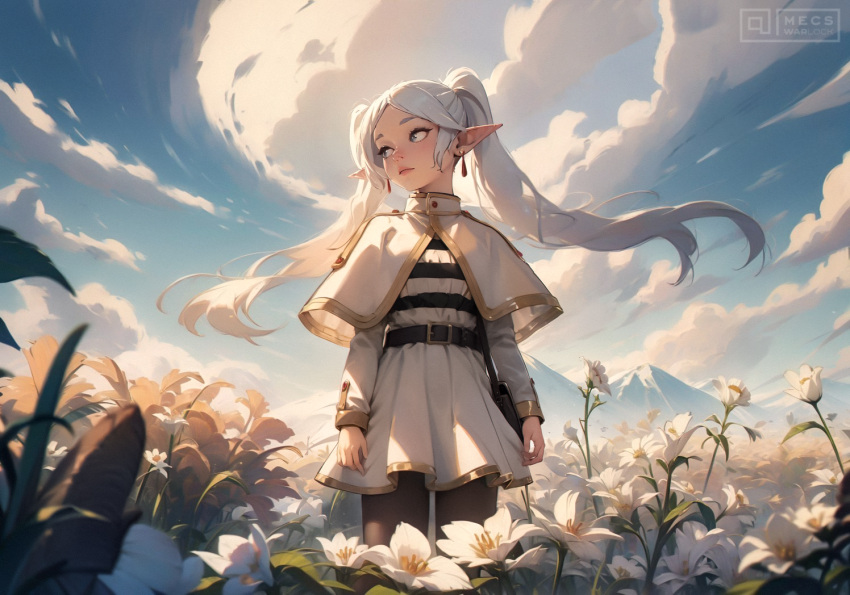 1girl ai-assisted blue_eyes blue_sky capelet clouds cloudy_sky cut_bangs day drop_earrings earrings elf fantasy field flower flower_field frieren grass horizon jewelry landscape long_hair mecs_warlock mountain mountainous_horizon nature outdoors parted_bangs pointy_ears scenery sky solo sousou_no_frieren standing sunlight twintails very_long_hair white_capelet wide_shot