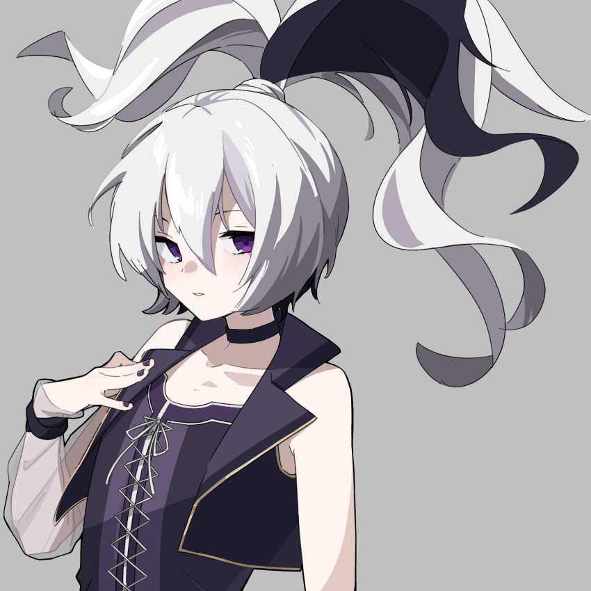 1girl arm_at_side bare_shoulders black_choker black_hair choker collarbone corset cross-laced_clothes cross-laced_corset detached_sleeves flower_(vocaloid) flower_(vocaloid3) grey_background hair_between_eyes high_ponytail highres long_hair looking_at_viewer multicolored_hair nail_polish parted_lips ponytail purple_corset purple_nails purple_vest quraqura_nemii ribbon see-through see-through_sleeves streaked_hair vest violet_eyes vocaloid white_hair white_ribbon