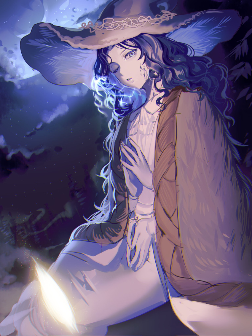 1girl blue_eyes blue_hair blue_skin brown_cloak cloak clouds colored_skin commentary cracked_skin doll_joints dress elden_ring english_commentary extra_arms extra_faces fingernails fur_cloak fur_trim hanny_(uirusu_chan) hat highres joints large_hat long_hair looking_at_viewer moon night night_sky one_eye_closed outdoors own_hands_together ranni_the_witch site_of_grace sitting sky solo star_(sky) wavy_hair white_dress white_headwear witch witch_hat