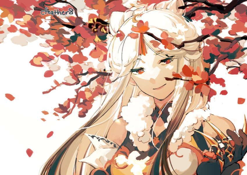 1girl bare_shoulders cfeather8 detached_sleeves falling_petals genshin_impact hair_ornament multicolored_hair ningguang_(genshin_impact) petals red_eyes red_petals smile solo straight_hair tassel tassel_hair_ornament tree upper_body white_background white_hair