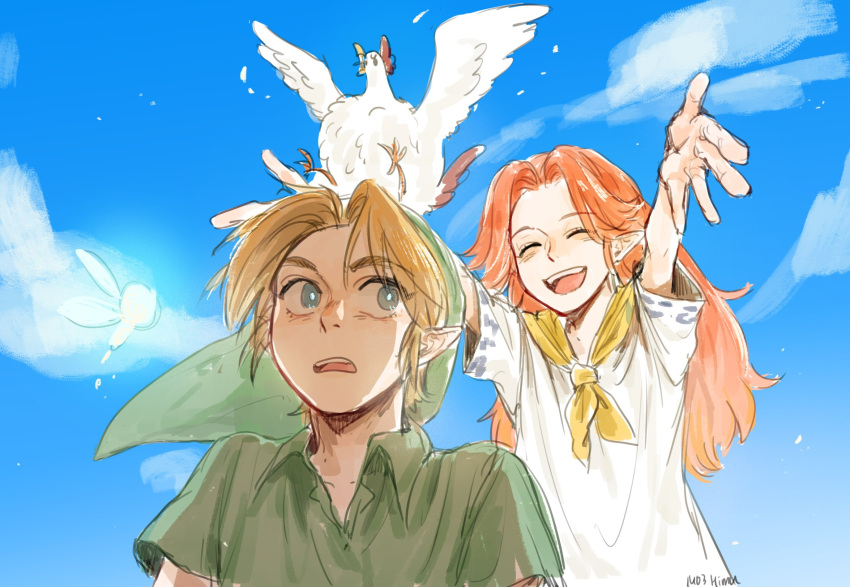 1boy 1girl blonde_hair blue_eyes blue_sky brown_hair closed_eyes clouds commentary_request cucco green_tunic highres himu_zelda korean_commentary link long_hair marin_(zelda) outdoors pointy_ears sky smile teeth the_legend_of_zelda the_legend_of_zelda:_link's_awakening upper_teeth_only