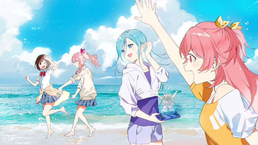 1other 4girls :d ;o absurdres akiyama_mizuki androgynous arm_up bare_legs barefoot beach blue_eyes blue_hair blue_skirt blue_sky bob_cut bow bowtie brown_hair cellphone closed_eyes clouds day fang film_grain full_body hair_bow hand_up hatsune_miku highres holding holding_phone hologram hood hoodie long_hair momoi_airi multiple_girls omutatsu one_eye_closed open_mouth outdoors phone pink_bow plaid plaid_skirt ponytail profile project_sekai red_bow red_bowtie shinonome_ena shirt shore short_hair short_sleeves sidelocks skirt sky sleeves_rolled_up smartphone smile standing upper_body white_hoodie white_shirt yellow_bow yoisaki_kanade