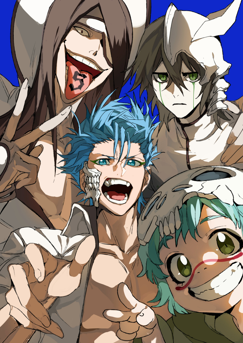 1girl 3boys absurdres bleach blue_background blue_eyes blue_hair child closed_mouth eyepatch green_eyes grimmjow_jaegerjaquez grin highres jacket looking_at_viewer multiple_boys nelliel_tu_odelschwanck nnoitra_gilga open_clothes open_jacket short_hair simple_background smile spiky_hair teeth tongue tongue_out ulquiorra_cifer v xi_luo_an_ya