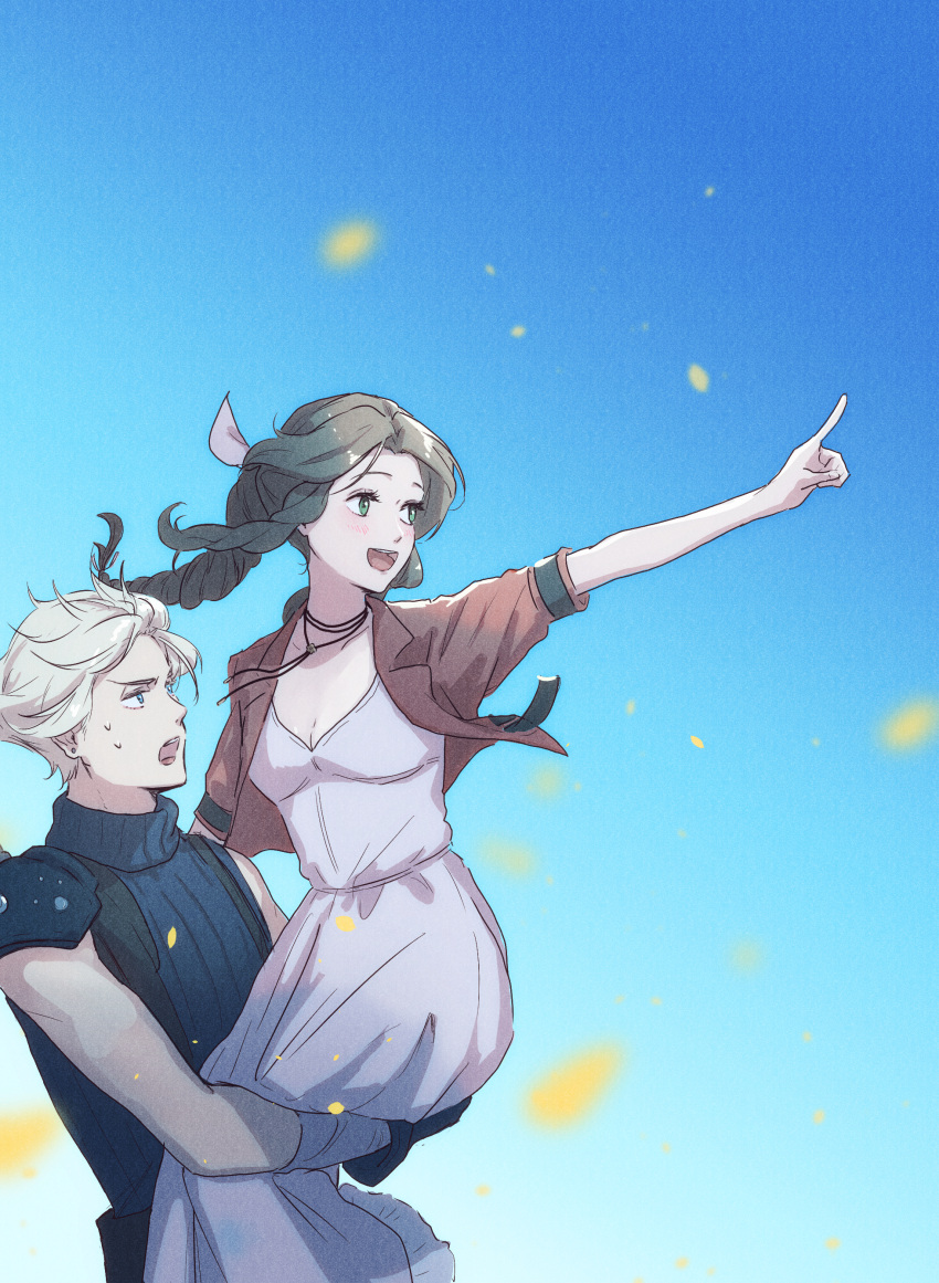 1boy 1girl absurdres aerith_gainsborough armor black_gloves blonde_hair blue_sky blush braid brown_hair carrying carrying_person chika_i cloud_strife commentary_request dress final_fantasy final_fantasy_vii final_fantasy_vii_remake floating_hair gloves green_eyes hair_ribbon highres index_finger_raised jacket long_hair open_clothes open_jacket open_mouth outdoors pauldrons pointing red_jacket ribbon short_hair short_sleeves shoulder_armor single_pauldron sky sleeveless sleeveless_turtleneck smile sweatdrop teeth turtleneck upper_teeth_only white_dress
