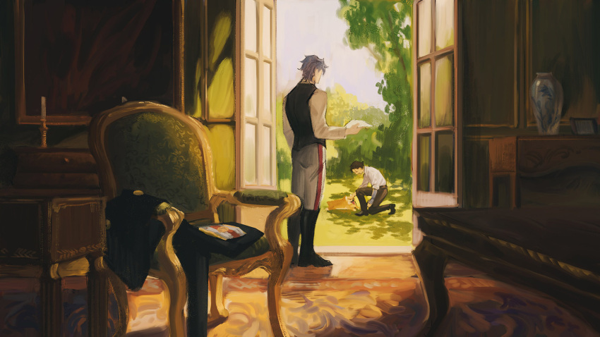 2boys ace_attorney armchair bad_id bad_pixiv_id barok_van_zieks black_footwear black_hair black_pants black_vest book boots box candle carpet chair day facing_another facing_away food grey_hair highres holding indoors long_sleeves male_focus multiple_boys on_one_knee open_door outdoors painterly painting_(object) pants plate raycrodu_h rug ryunosuke_naruhodo shirt short_hair sitting sky standing table the_great_ace_attorney tree vase vest white_shirt window