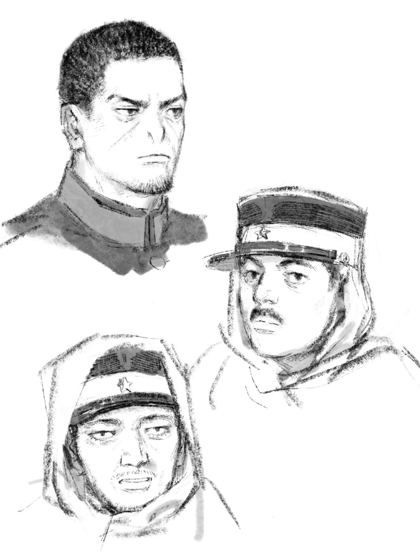3boys character_request chengongzi123 closed_mouth facial_hair goatee goatee_stubble golden_kamuy greyscale hat highres hood hood_up looking_at_viewer looking_to_the_side male_focus military_hat monochrome multiple_boys mustache mustache_stubble parted_lips portrait short_hair simple_background stubble tsukishima_hajime very_short_hair white_background