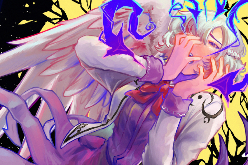 1girl bow bowtie braid commentary_request dress feathered_wings french_braid hand_on_own_face hands_up jacket kishin_sagume long_sleeves open_clothes open_jacket open_mouth purple_dress red_bow red_bowtie rlwezar short_hair single_wing solo touhou upper_body violet_eyes white_hair white_jacket white_wings wings