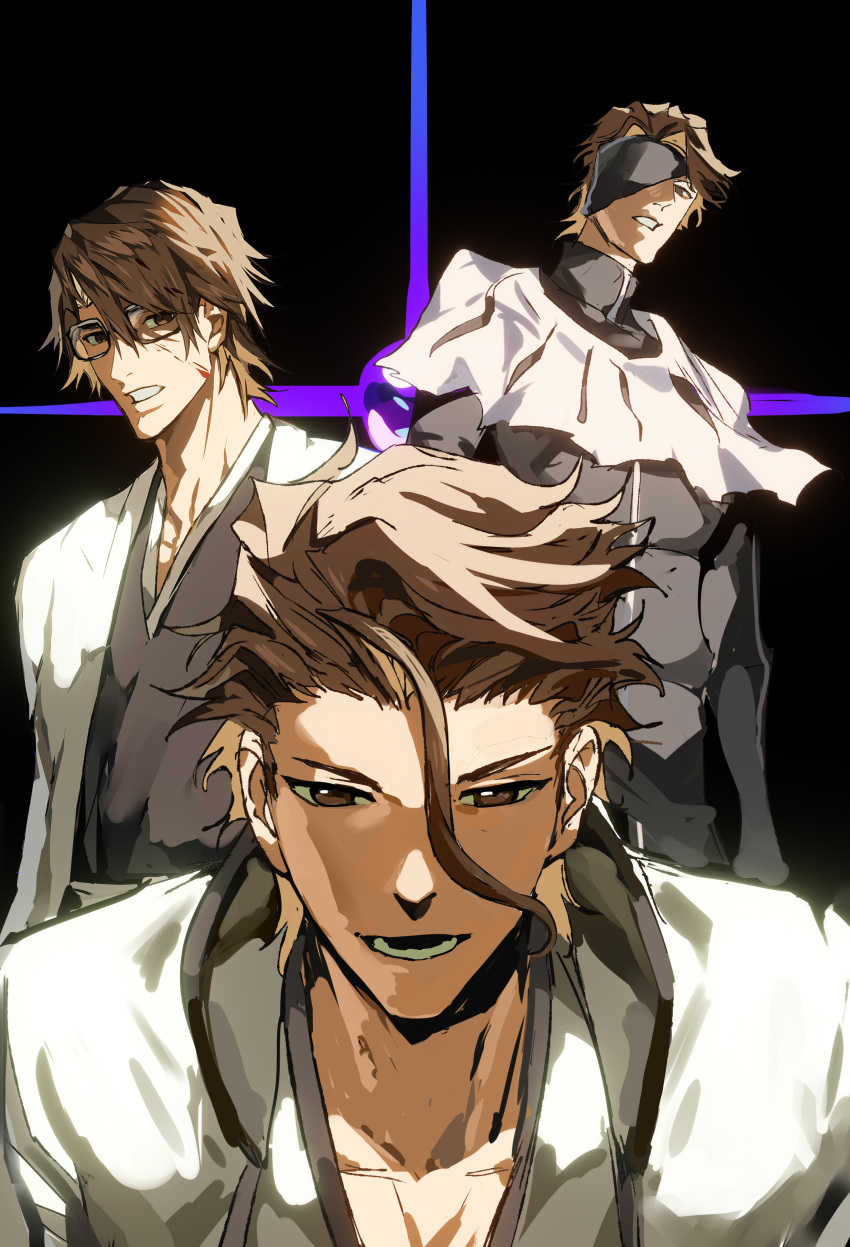 1boy absurdres ahoge aizen_sousuke black_background black_kimono bleach blood blood_on_face brown_eyes brown_hair clenched_teeth eyepatch glasses highres japanese_clothes kimono multiple_views open_mouth rectangular_eyewear short_hair simple_background solo teeth white_haori xi_luo_an_ya