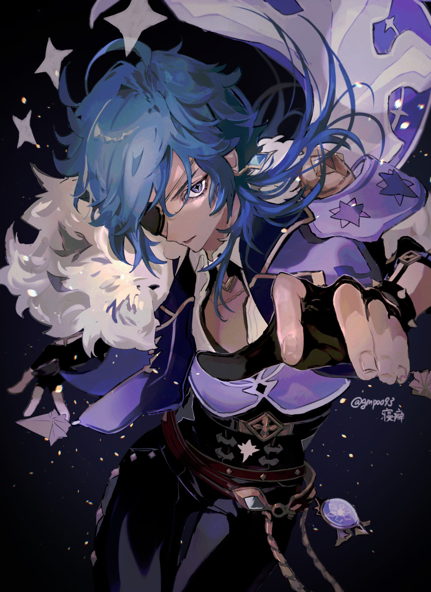 1boy absurdres artist_name black_gloves blue_eyes blue_hair cape closed_mouth cryo_symbol_(genshin_impact) dark_background earrings eyepatch fingerless_gloves fur-trimmed_cape fur_trim genshin_impact gloves gmpoo93 hand_up highres jewelry kaeya_(genshin_impact) long_hair looking_at_viewer male_focus open_clothes open_shirt solo star-shaped_pupils star_(symbol) symbol-shaped_pupils vision_(genshin_impact)