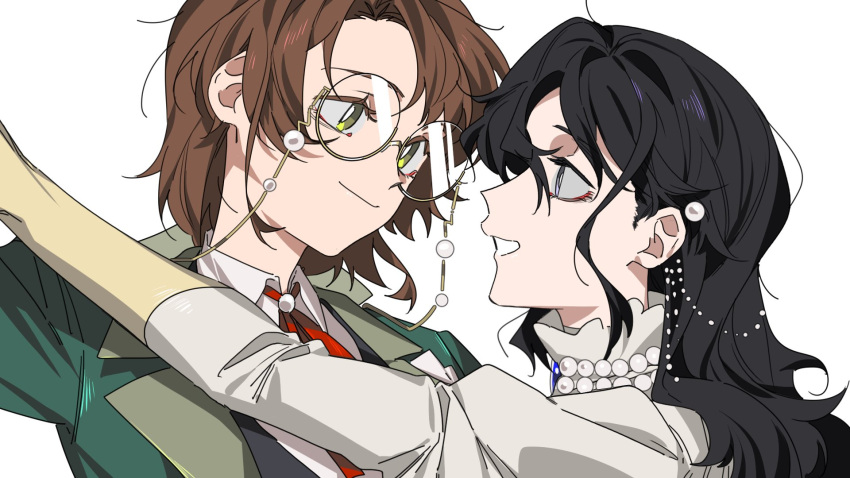 2girls black_hair bright_pupils brown_hair closed_mouth commentary dancing dress elbow_gloves eye_contact glasses gloves green_eyes green_jacket grey_eyes highres isolde_(reverse:1999) jacket kakania_(reverse:1999) long_hair looking_at_another molu_stranger multiple_girls neck_ribbon open_mouth red_ribbon reverse:1999 ribbon shirt short_hair smile white_background white_dress white_pupils white_shirt yellow_gloves yuri