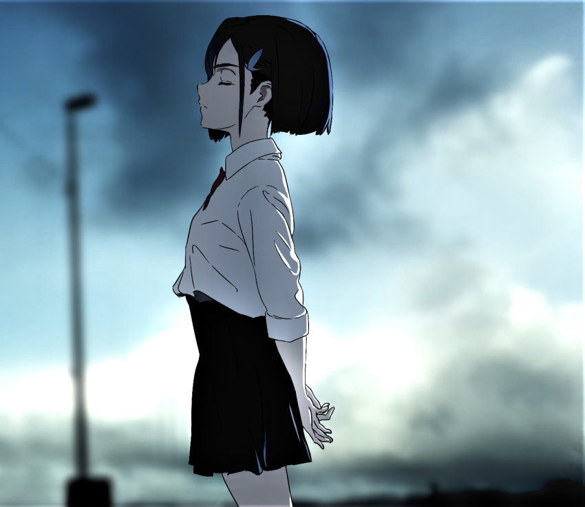 1girl arms_behind_back black_bow black_bowtie black_hair black_skirt blurry blurry_background bob_cut bow bowtie breasts closed_eyes closed_mouth clouds cloudy_sky collared_shirt commentary cowboy_shot darling_in_the_franxx day depth_of_field dress_shirt facing_to_the_side from_side grey_sky hair_ornament hairclip high-waist_skirt ichigo_(darling_in_the_franxx) kira_yuu lamppost long_sleeves profile school_uniform shirt short_hair skirt sky small_breasts solo standing white_shirt