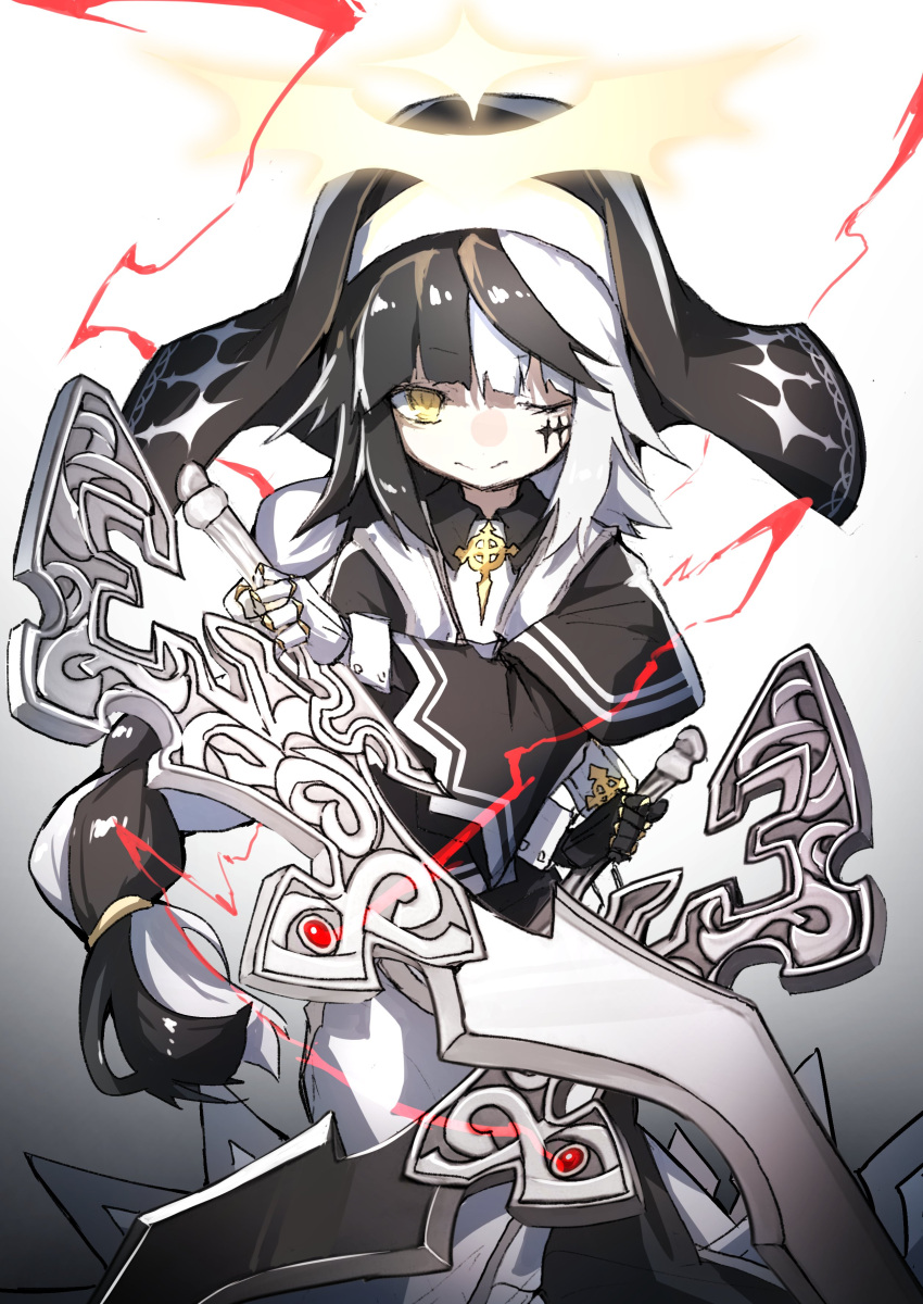 1girl absurdres black_hair coif commission fukutchi habit halo headband highres multicolored_hair nun one_eye_closed original solo two-tone_hair violet_(ac8231) white_background white_hair white_headband yellow_eyes yellow_halo