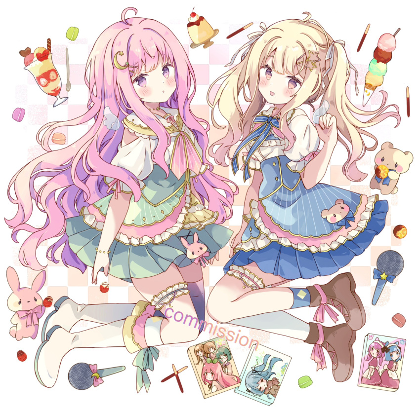 2girls :d :o ahoge animal bear blonde_hair blue_skirt blush boots brown_eyes brown_footwear checkered_background cherry collared_shirt commentary_request commission crescent crescent_hair_ornament food fruit green_skirt hair_ornament highres ice_cream_cone knee_boots long_hair looking_at_viewer macaron microphone multiple_girls original parfait parted_lips pink_hair pleated_skirt pocky pudding puffy_short_sleeves puffy_sleeves quadruple_scoop rabbit shirt short_sleeves single_thighhigh skeb_commission skirt smile spoon star_(symbol) star_hair_ornament thigh-highs tsukiyo_(skymint) twintails very_long_hair violet_eyes white_background white_footwear white_shirt white_thighhighs