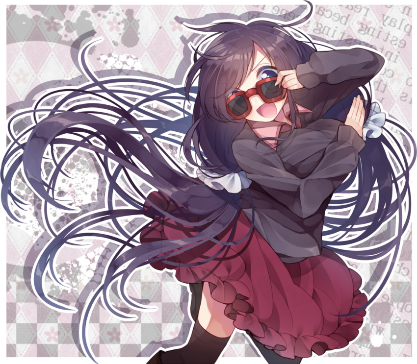 1girl adjusting_eyewear argyle_background arm_across_chest black_hair black_shirt black_sleeves black_thighhighs blue_eyes border checkered_background circle_skirt collar collared_shirt commentary_request cowboy_shot drop_shadow frilled_skirt frills grey_background hand_on_eyewear hatena_heartbeat long_hair long_sleeves looking_at_viewer love_live! miniskirt open_mouth outline outside_border pink_background pink_collar red-framed_eyewear red_skirt shirt simple_background skirt sleeves_past_wrists smile solo sunglasses thigh-highs tojo_nozomi two-tone_background usamata v-shaped_eyebrows very_long_hair white_border white_outline
