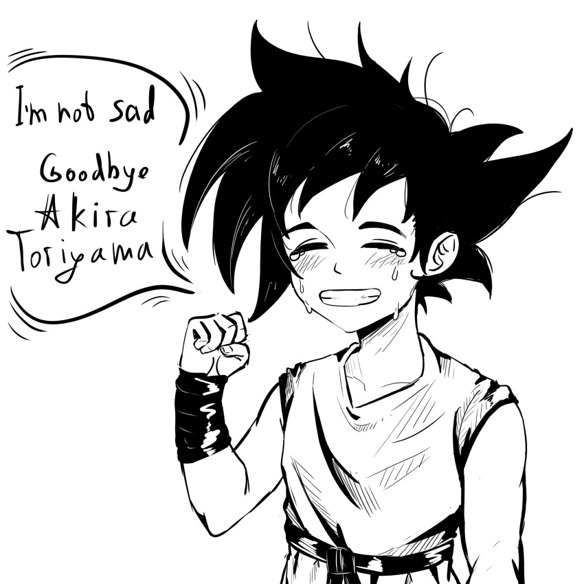 1boy absurdres bare_shoulders belt blush clenched_hand dragon_ball english_text geus_(just_geus) hand_up highres medium_hair messy_hair solo son_goku speech_bubble tears teeth upper_body