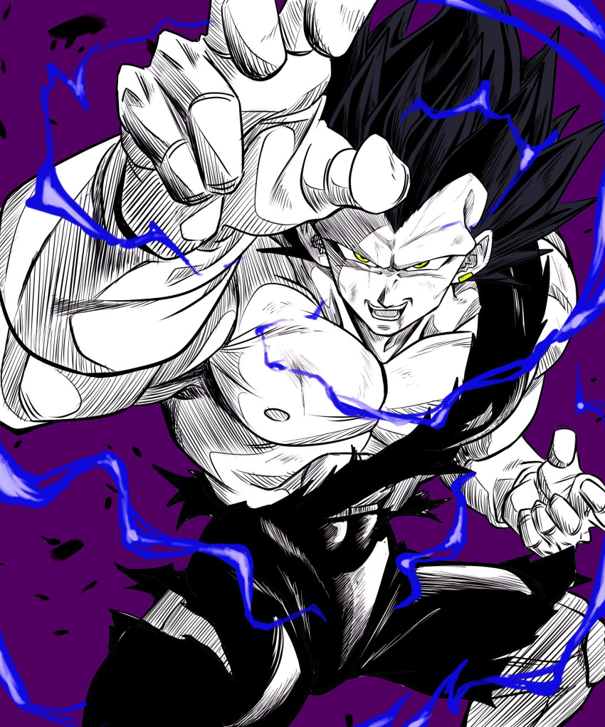 1boy commentary_request dragon_ball dragon_ball_super electricity fighting_stance greyscale_with_colored_background highres muscular muscular_male nipples pants purple_background sekitsuki_hayato solo spiky_hair topless torn_clothes ultra_ego_(dragon_ball) upper_body vegeta white_hair yellow_eyes