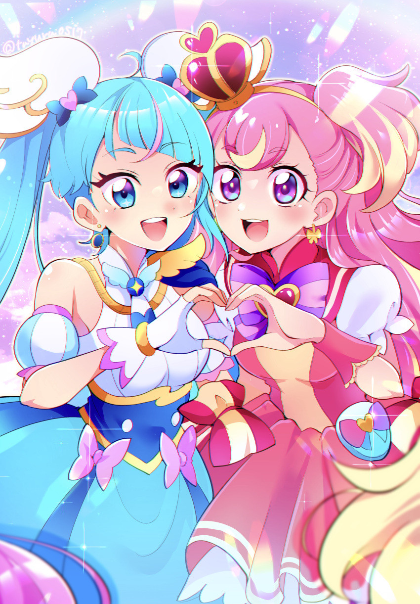2girls absurdres blonde_hair blue_dress blue_eyes blue_hair blush bow brooch cape commentary crown cure_sky cure_wonderful cut_bangs detached_sleeves dress dress_bow earrings fingerless_gloves frilled_sleeves frills gloves hairband heart heart_brooch heart_hands highres hirogaru_sky!_precure in-franchise_crossover inukai_komugi jewelry light_particles long_hair looking_at_viewer magical_girl mini_crown mitsuki_tayura multicolored_bow multicolored_hair multiple_girls open_mouth pink_bow pink_hair pink_wrist_cuffs pouch precure puffy_detached_sleeves puffy_short_sleeves puffy_sleeves purple_bow purple_wrist_cuffs red_bow red_dress red_headwear short_sleeves sleeveless sleeveless_dress smile sora_harewataru sparkle standing streaked_hair striped_bow tilted_headwear twintails twitter_username two-tone_dress two-tone_hair two_side_up violet_eyes white_dress white_gloves wing_brooch wing_hair_ornament wonderful_precure! wrist_cuffs yellow_hairband