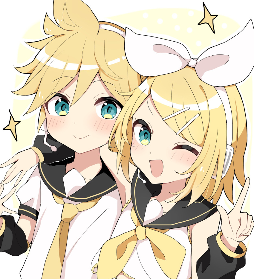 1boy 1girl :d ahoge arm_around_neck bare_shoulders black_sailor_collar black_sleeves blonde_hair blush bow brother_and_sister dani06685637224 detached_sleeves green_eyes hair_bow hair_ornament hairclip hand_on_another's_shoulder headphones headset highres kagamine_len kagamine_rin light_blush looking_at_viewer midriff_peek neckerchief necktie one_eye_closed open_mouth sailor_collar shirt short_hair short_sleeves siblings sleeveless sleeveless_shirt smile sparkle spiky_hair swept_bangs twins vocaloid yellow_background yellow_neckerchief yellow_necktie