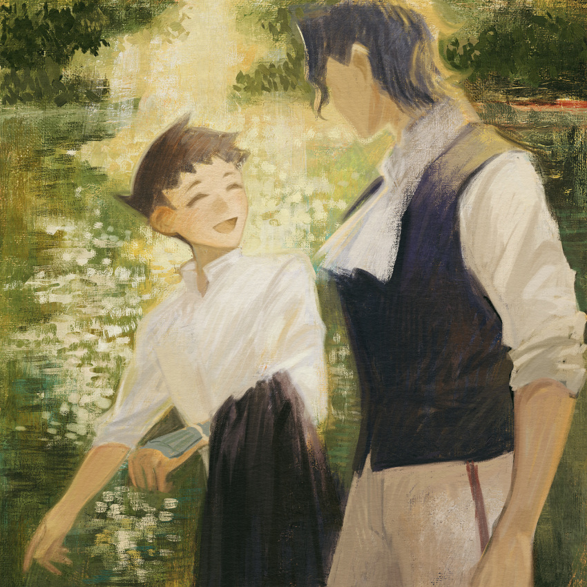 2boys :d ace_attorney ascot barok_van_zieks black_hair black_jacket black_vest brown_hair closed_eyes collared_shirt highres holding holding_clothes holding_jacket jacket looking_at_another male_focus multiple_boys nature non-web_source open_mouth outdoors painterly pants ryunosuke_naruhodo shirt short_hair sleeves_rolled_up smile standing the_great_ace_attorney unworn_jacket vest white_ascot white_pants white_shirt