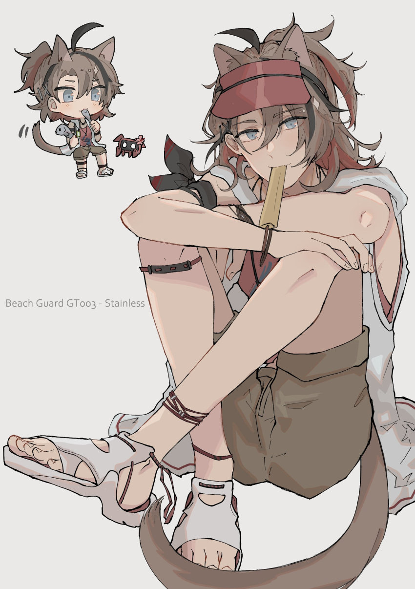1boy absurdres ahoge animal_ear_fluff animal_ears arknights armband aryo_77c black_hair blue_eyes bracelet brown_hair brown_shorts cat_boy cat_ears cat_tail chibi chibi_inset colored_inner_hair commentary crossed_arms english_text food_in_mouth highres hugging_own_legs jacket jewelry knees_up looking_at_viewer male_focus multicolored_hair red_shirt redhead robot sandals shirt short_hair shorts sleeveless sleeveless_jacket solo stainless_(arknights) stainless_(beach_guard)_(arknights) streaked_hair tail tank_top toeless_footwear whistle white_footwear white_jacket