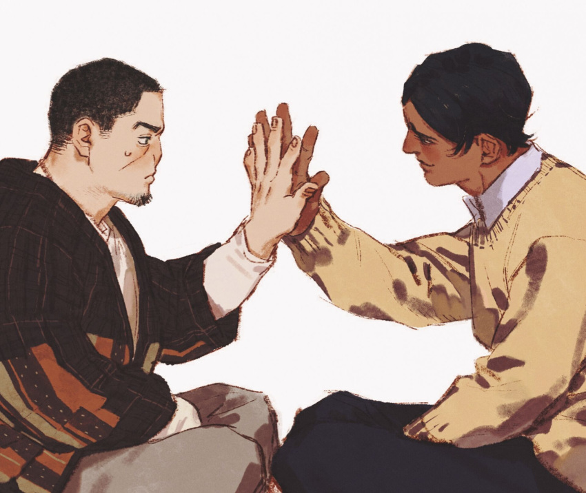 2boys black_eyes black_hair black_pants brown_hair brown_sweater chengongzi123 closed_mouth collared_shirt english_commentary facial_hair goatee golden_kamuy hand_on_another's_hand hand_up highres indian_style koito_otonoshin long_sleeves looking_at_another male_focus multiple_boys pants shirt short_hair simple_background sitting smile sweater tsukishima_hajime upper_body very_short_hair white_background
