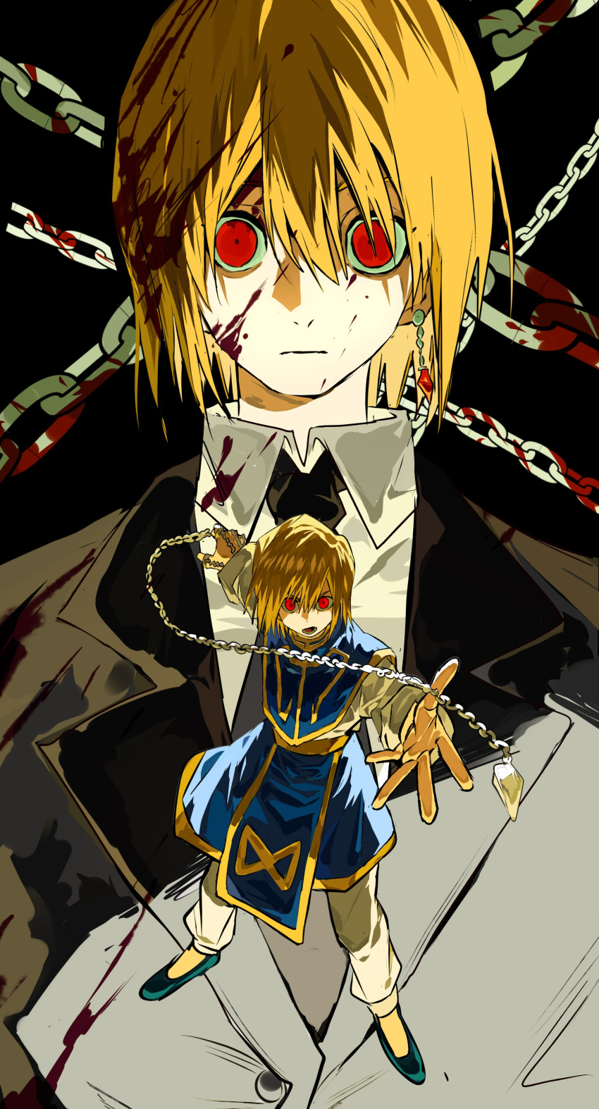 1boy :| absurdres alternate_costume black_jacket black_necktie blonde_hair blood blood_on_clothes blood_on_face blue_footwear blue_tunic chain closed_mouth dress_shirt highres holding holding_weapon hunter_x_hunter jacket kurapika long_sleeves looking_at_viewer male_focus multiple_views necktie open_mouth pants red_eyes shirt solo straight_hair suit_jacket weapon white_pants white_shirt xi_luo_an_ya