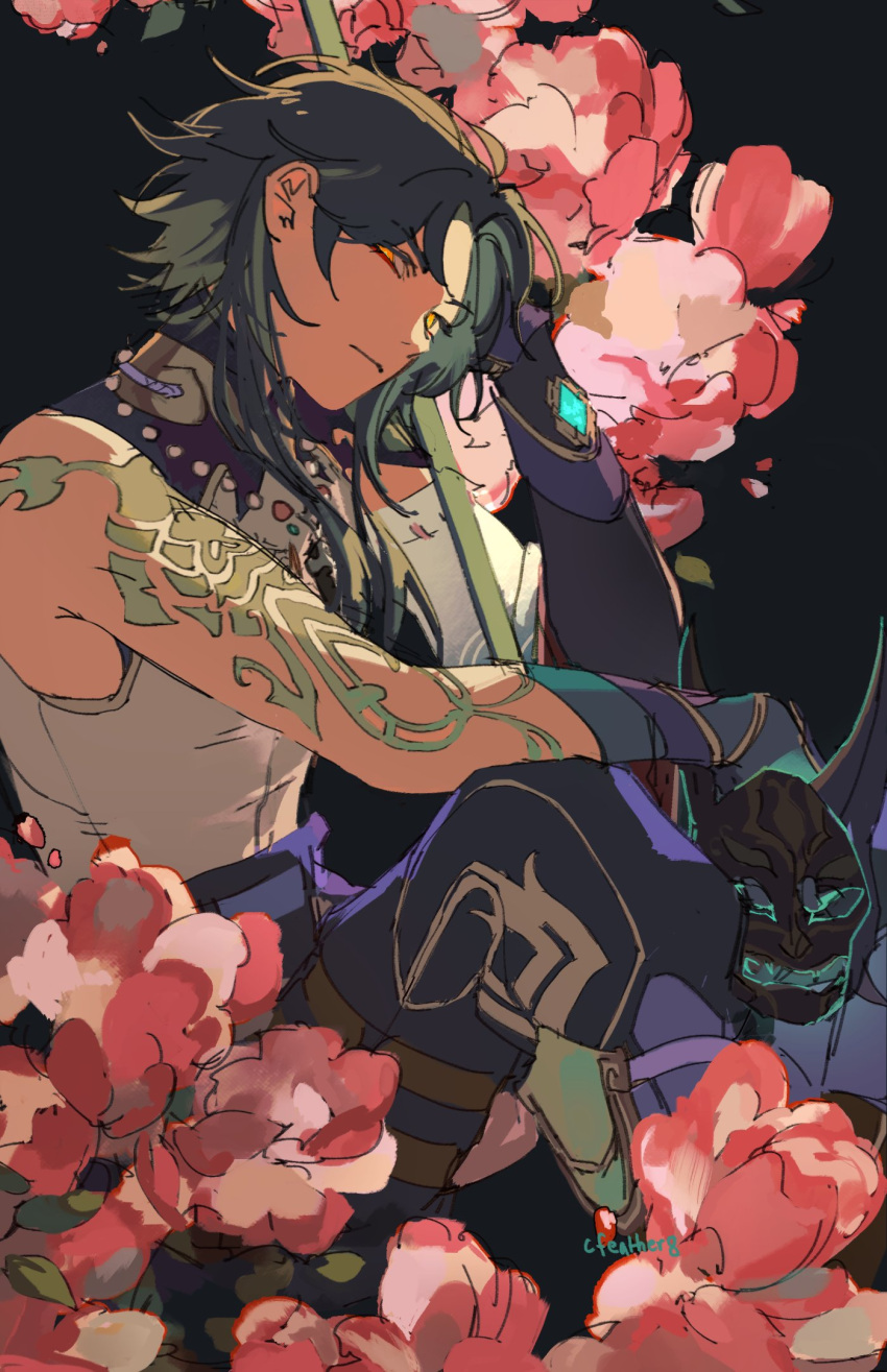 1boy arm_tattoo artist_name black_background black_hair cfeather8 closed_mouth eyeshadow flower genshin_impact green_hair head_on_hand highres holding holding_mask holding_polearm holding_weapon jewelry makeup male_focus mask multicolored_hair necklace oni_mask pants pearl_necklace pink_flower polearm purple_pants red_eyeshadow red_flower shirt simple_background single_bare_shoulder sitting sleeveless sleeveless_shirt solo tattoo weapon white_shirt xiao_(genshin_impact) yellow_eyes