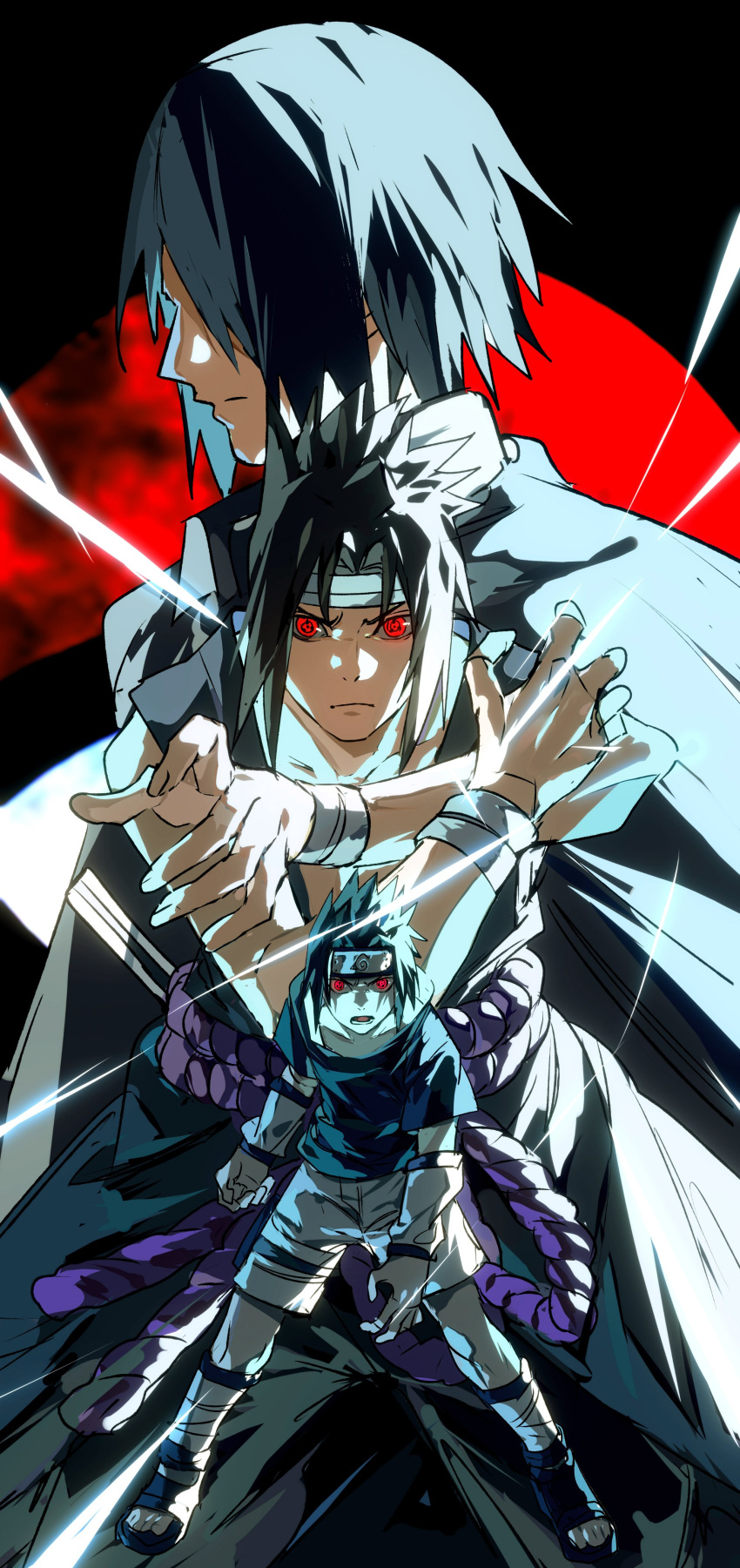 1boy absurdres age_progression black_background black_hair black_shirt closed_mouth electricity electrokinesis hand_up highres naruto naruto_(series) open_mouth red_eyes sandals shirt shorts simple_background spiky_hair uchiha_sasuke xi_luo_an_ya
