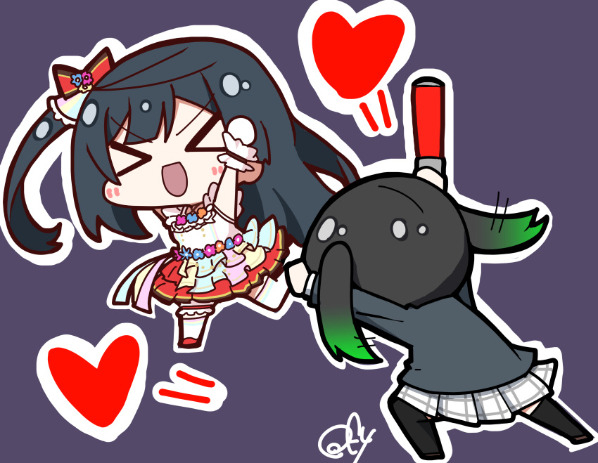 &gt;_&lt; 2girls :d absurdres arms_up black_hair black_jacket blazer bridal_garter cheering chibi chibi_only commentary_request cross-laced_clothes cross-laced_top facing_away facing_viewer flower frilled_cuffs frilled_straps frills glowstick gradient_hair green_hair hair_ornament heart highres holding_glowstick jacket long_hair long_sleeves love_live! love_live!_nijigasaki_high_school_idol_club love_u_my_friends medium_hair multicolored_hair multiple_girls nijigasaki_academy_school_uniform one_side_up oofushi_ao open_mouth outline penlight_(glowstick) plaid plaid_skirt pleated_skirt purple_background rainbow_skirt ribbon school_uniform signature skirt smile takasaki_yu thigh-highs twintails two-tone_hair v-shaped_eyebrows white_outline white_skirt winter_uniform xd yuki_setsuna_(love_live!)