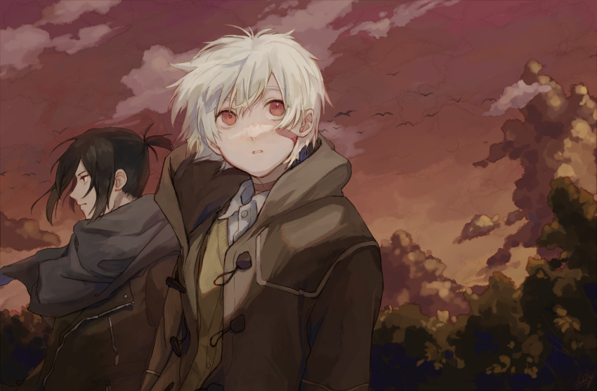 2boys bandaid bandaid_on_face black_hair brown_coat brown_eyes brown_sky chinese_commentary closed_mouth clouds coat collared_shirt fishdry highres jacket looking_at_viewer male_focus multiple_boys nezumi_(no.6) no.6 outdoors parted_lips profile red_eyes red_sky scarf shirt short_hair short_ponytail sky tree upper_body white_hair yorigami_shion