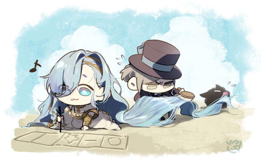 1other 2girls 37_(reverse:1999) beach blue_sky brushing_hair carbuncle_(reverse:1999) chibi clouds hair_brush hair_in_another's_mouth hat highres holding holding_brush long_hair multiple_girls papu_ri_ca reverse:1999 sand sky top_hat vertin_(reverse:1999) very_long_hair