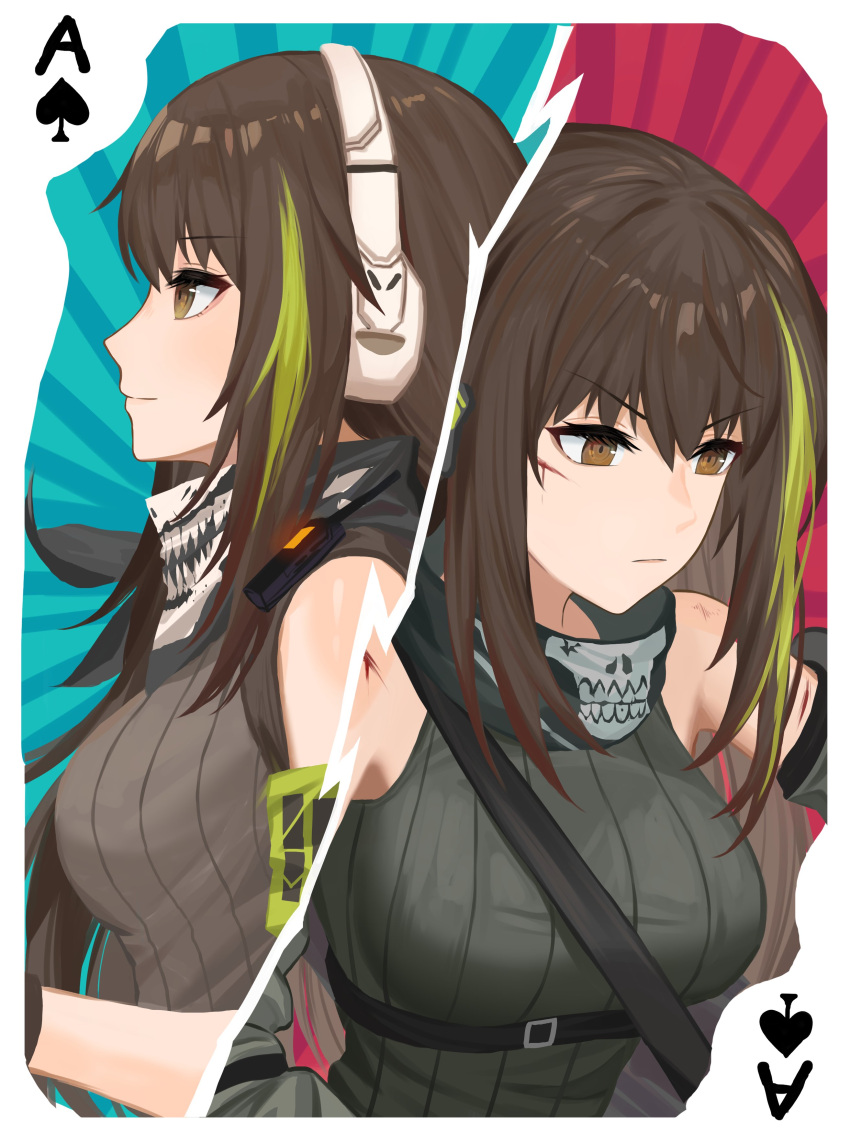 absurdres breasts brown_eyes brown_hair card closed_mouth girls_frontline green_shirt headset highres long_hair looking_to_the_side m4a1_(girls'_frontline) m4a1_(mod3)_(girls'_frontline) mask multicolored_hair off_shoulder shirt simobulanka skull_mask tank_top upper_body