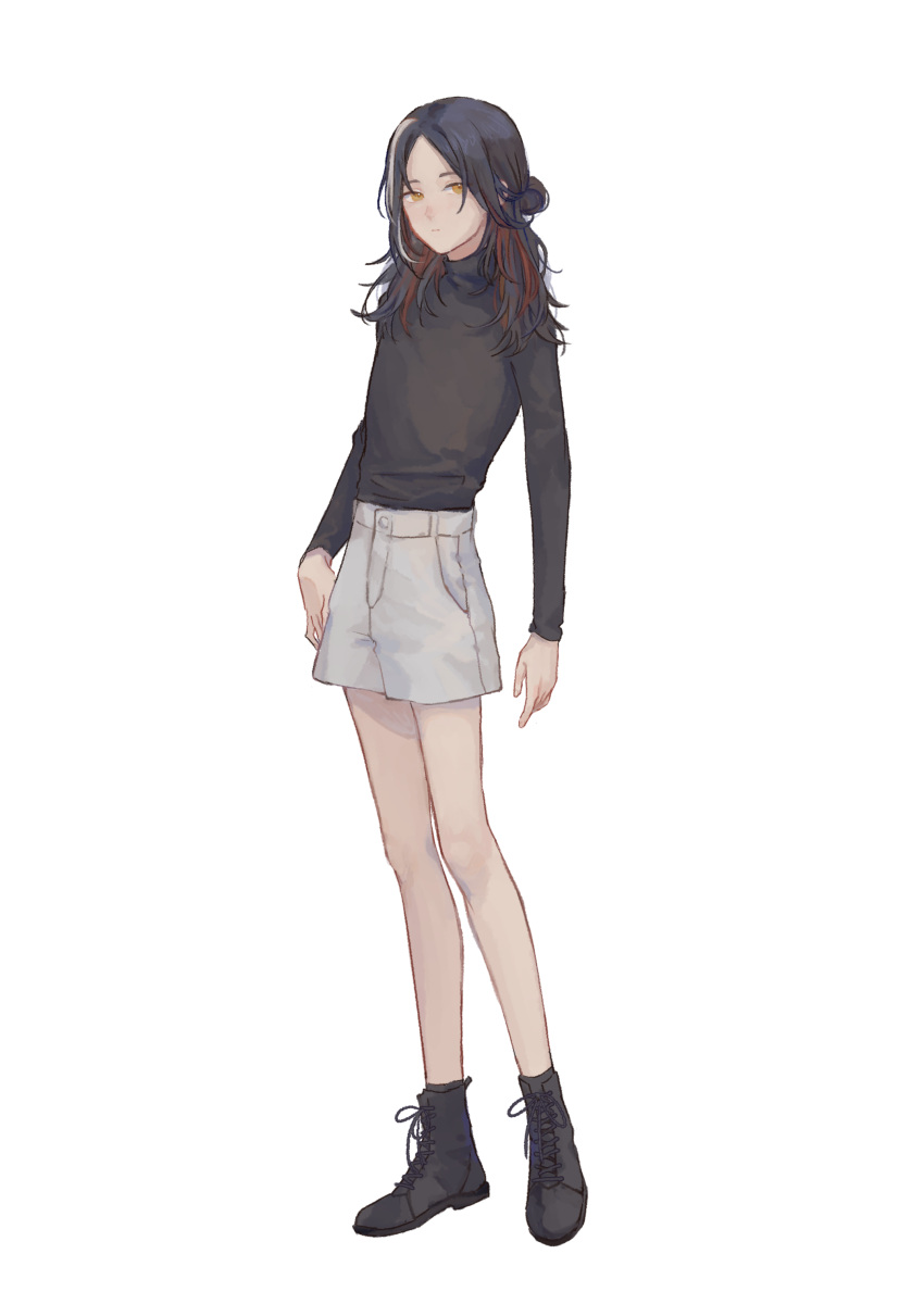 1girl absurdres bare_legs black_footwear black_hair black_shirt boots closed_mouth fishdry full_body hair_bun highres long_hair long_sleeves looking_at_viewer multicolored_hair original parted_bangs shirt shorts simple_background solo standing sweater tachi-e turtleneck white_background white_shorts yellow_eyes