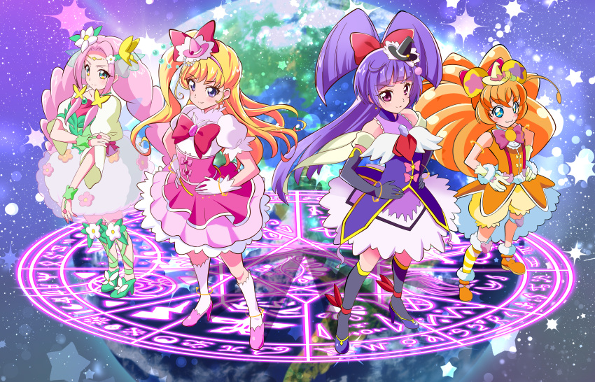 4girls absurdres animal_ears asahina_mirai bear_ears big_hair black_gloves black_headwear black_socks blonde_hair bloomers blouse blue_eyes blue_footwear boots bow bowtie braid brooch commentary_request commission cure_felice cure_magical cure_miracle cure_mofurun dress earth_(planet) elbow_gloves flower gloves green_eyes green_footwear hair_bow hair_flower hair_ornament hanami_kotoha hand_on_own_arm hands_on_own_hips hat high_heels highres izayoi_liko jewelry kneehighs long_hair looking_at_viewer magic_circle magical_girl mahou_girls_precure! mini_hat mini_witch_hat mofurun_(mahou_girls_precure!) multiple_girls one_side_up orange_footwear orange_hair orange_shirt partial_commentary pink_dress pink_footwear pink_hair pink_headwear planet precure puffy_short_sleeves puffy_sleeves purple_dress purple_hair red_bow red_bowtie shirt short_dress short_sleeves single_sock skeb_commission sleeveless sleeveless_dress sleeveless_shirt socks space standing star-shaped_pupils star_(symbol) symbol-shaped_pupils thigh_strap tilted_headwear tirofinire twin_braids two-tone_dress two_side_up very_long_hair violet_eyes white_dress white_gloves white_socks witch_hat yellow_bloomers yellow_headwear yellow_socks