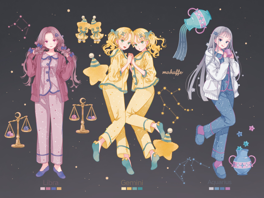 3girls 4girls :d aquarius_(constellation) aquarius_(zodiac) artist_name black_background blonde_hair blue_bow blue_eyes blue_footwear blue_pajamas blue_pants blue_shirt blue_socks blunt_bangs bow button_eyes buttons cardigan closed_mouth constellation cup english_text full_body green_eyes grey_hair hair_bow hair_ornament hairclip hands_up highres holding interlocked_fingers jacket jar libra_(constellation) libra_(zodiac) long_hair long_sleeves looking_at_viewer mokaffe multiple_girls open_cardigan open_clothes open_mouth original pajamas pants parted_bangs polka_dot pom_pom_(clothes) pouring purple_footwear purple_hair purple_pants purple_shirt purple_socks scales shirt shoes sleepwear slippers smile socks standing standing_on_one_leg star_(symbol) star_print stuffed_toy teacup teapot tongue tongue_out twintails very_long_hair violet_eyes yellow_pants yellow_shirt zodiac