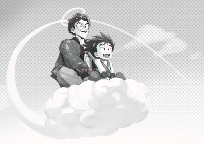 2boys :d aged_down black_hair child commentary dougi dragon_ball english_commentary flying_nimbus glasses greyscale halftone halo highres jacket long_sleeves male_focus monochrome multiple_boys on_cloud open_clothes open_jacket open_mouth pants riding round_eyewear short_hair sitting sky smile son_goku spiky_hair spykeee teeth tongue toriyama_akira_(character) v-shaped_eyebrows wristband