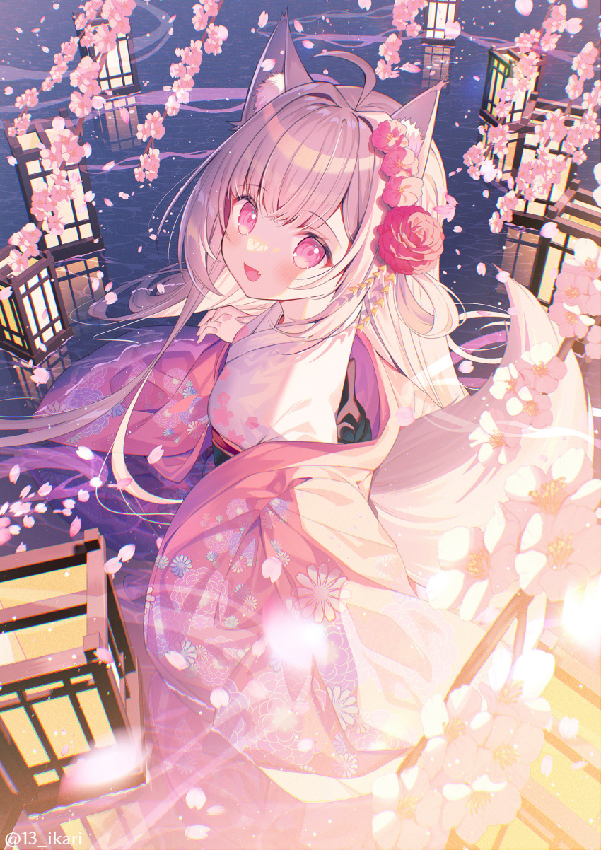 1girl :d animal_ear_fluff animal_ears breasts brown_hair cherry_blossoms commentary_request day fang floral_print flower hair_flower hair_intakes hair_ornament highres ikari_(aor3507) japanese_clothes kimono lantern long_hair long_sleeves looking_at_viewer obi original outdoors pink_eyes pink_flower print_kimono red_flower reflection sash sleeves_past_fingers sleeves_past_wrists small_breasts smile solo tail very_long_hair water white_kimono wide_sleeves