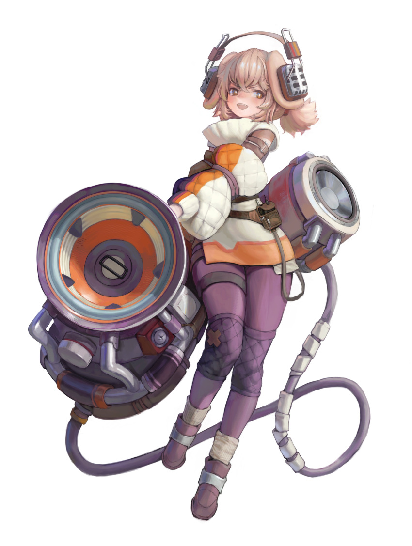 1girl :d absurdres animal_ears boots bright_pupils brown_eyes brown_hair cable detached_sleeves dog_ears full_body headphones highres looking_at_viewer mokagu open_mouth original pantyhose purple_pantyhose short_hair simple_background smile solo speaker tachi-e teeth twintails upper_teeth_only white_background white_pupils