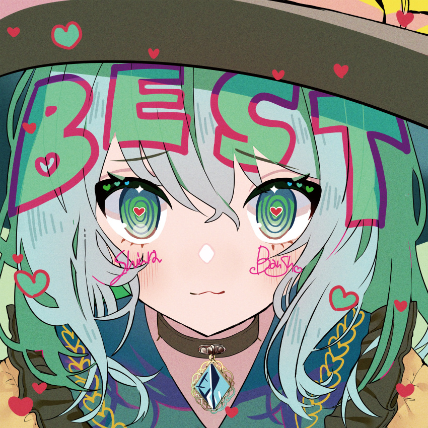 1girl absurdres black_headwear blouse bow buttons diamond_button english_text frilled_shirt_collar frills green_eyes green_hair hat hat_bow hat_ribbon heart heart-shaped_pupils highres komeiji_koishi ribbon shirt solo symbol-shaped_pupils tamagogayu1998 touhou yellow_bow yellow_ribbon yellow_shirt