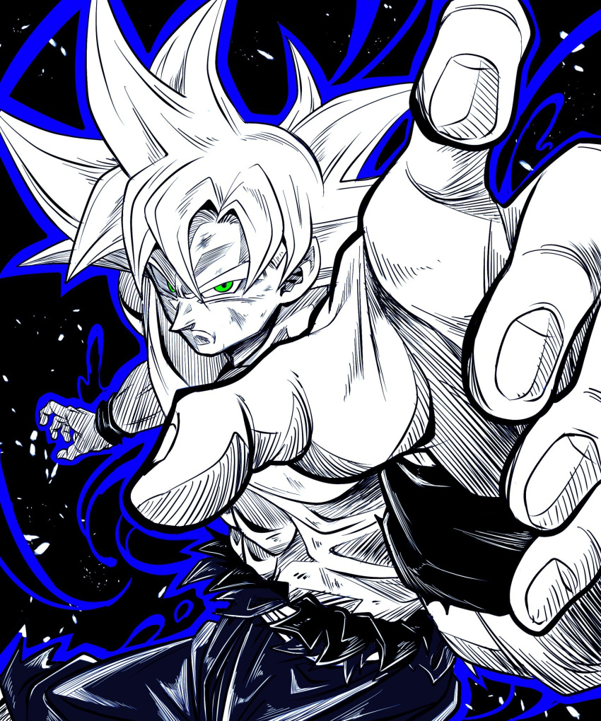 1boy aura commentary_request dragon_ball dragon_ball_super fighting_stance green_eyes greyscale highres monochrome muscular muscular_male nipples pants sekitsuki_hayato solo son_goku spiky_hair spot_color topless torn_clothes ultra_instinct upper_body white_hair