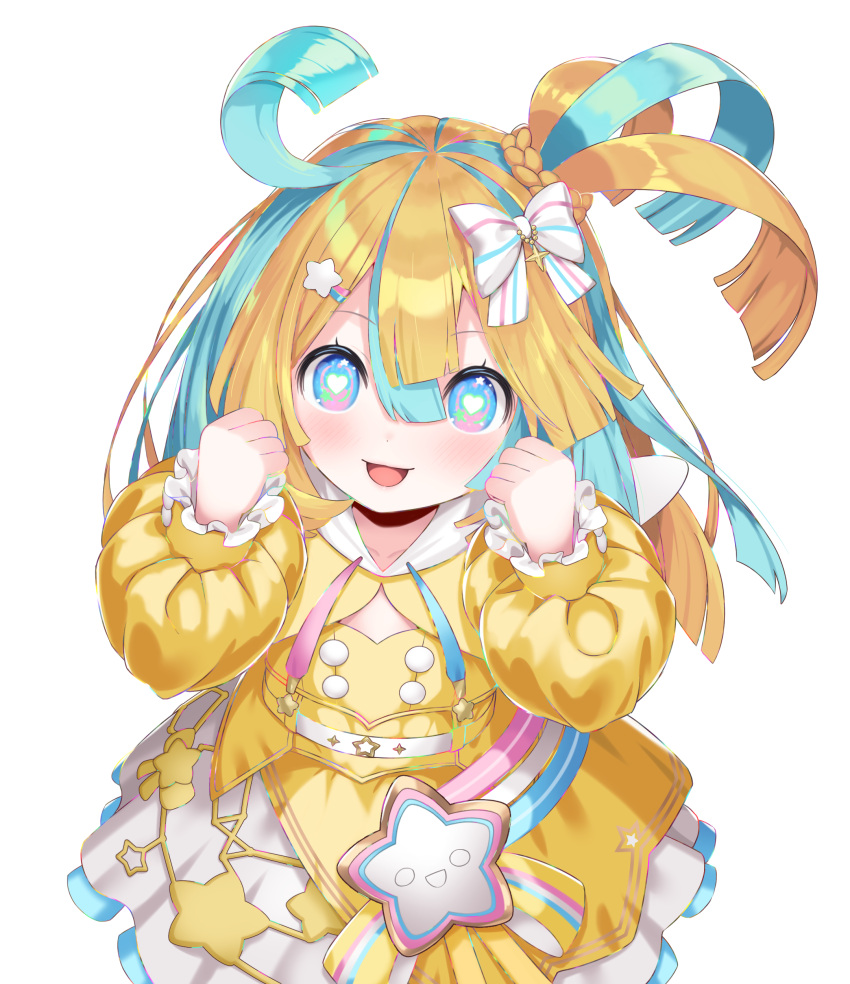 1girl :d absurdres amakawa_hano aqua_hair bettle_(b_s_a_n) blonde_hair blue_eyes bow clenched_hands dress hair_between_eyes hair_bow hair_ornament hands_up heart heart-shaped_pupils highres long_hair looking_at_viewer multicolored_hair rainbow_hair_ornament re:act shooting_star_(symbol) smile solo standing star_(symbol) star_hair_ornament symbol-shaped_pupils transparent_background two-tone_hair virtual_youtuber white_bow yellow_dress