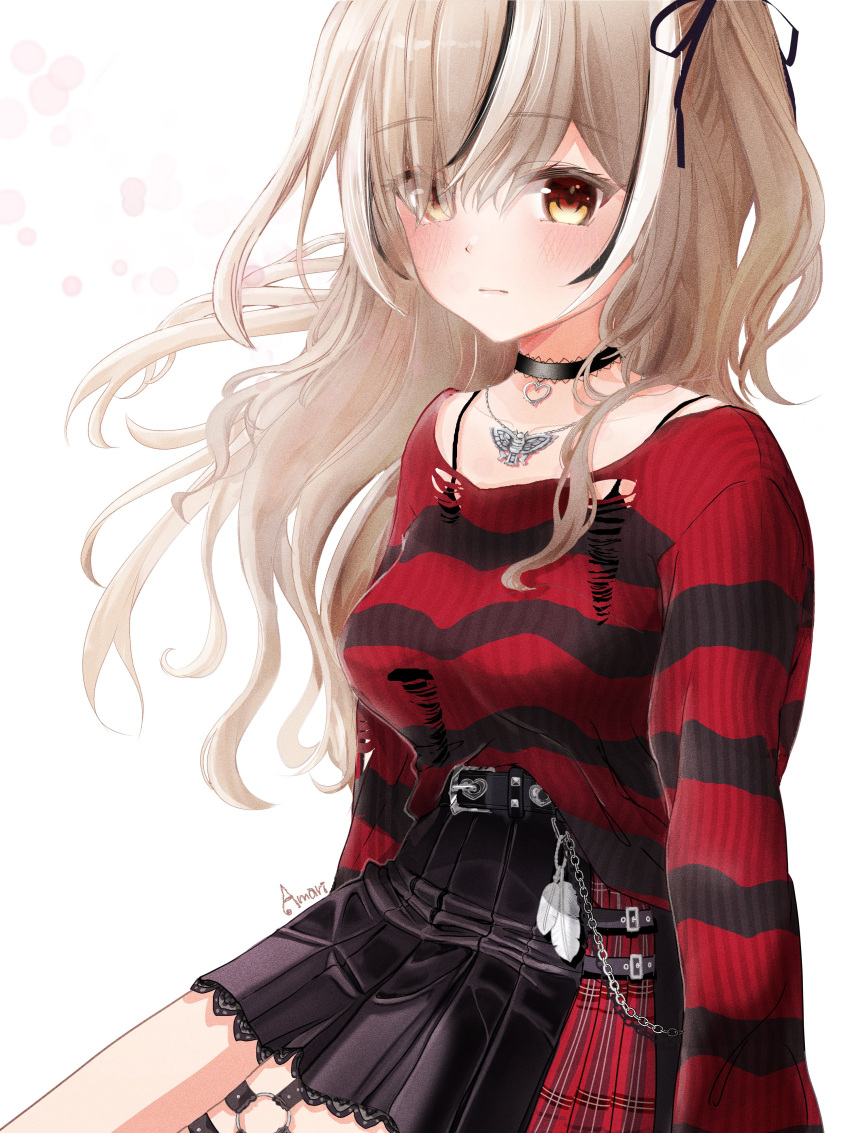 1girl absurdres belt black_belt black_choker black_hair black_ribbon black_skirt black_sweater blush brown_eyes brown_hair choker hair_ribbon highres hololive hololive_english jewelry lace-trimmed_choker lace_trim laki_amari long_hair looking_at_viewer multicolored_hair nanashi_mumei nanashi_mumei_(4th_costume) necklace o-ring o-ring_thigh_strap official_alternate_costume one_side_up red_sweater ribbon skirt solo streaked_hair striped_clothes striped_sweater sweater thigh_strap torn_clothes torn_sweater virtual_youtuber white_hair