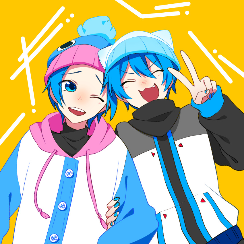 2boys :3 absurdres alternate_costume animal_hat beanie blue_eyes blue_hair blue_nails blue_sleeves blush buttons cat_hat closed_eyes commentary_request fish_hat fishy_overalls_(module) forehead hair_between_eyes hat highres holding holding_another's_arm hood hoodie kaito_(vocaloid) looking_at_another male_focus multiple_boys neko_cyber_(module) no_nose nose_blush one_eye_closed pink_hood shio_ice smile teeth upper_teeth_only v vocaloid white_hoodie yellow_background