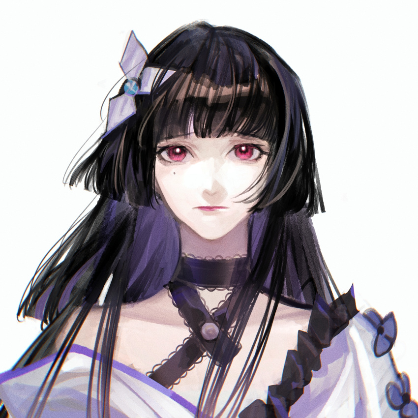 1girl absurdres black_hair black_ribbon blunt_bangs blunt_ends chinese_commentary collarbone colored_inner_hair commentary frilled_ribbon frills highres hime_cut japanese_clothes kimono long_hair looking_at_viewer mole mole_under_eye multicolored_hair neck_ribbon path_to_nowhere pink_lips purple_hair purple_kimono red_eyes ribbon shuriken_hair_ornament simple_background single_bare_shoulder single_off_shoulder solo straight-on sumire_(path_to_nowhere) white_background zhao_junjun