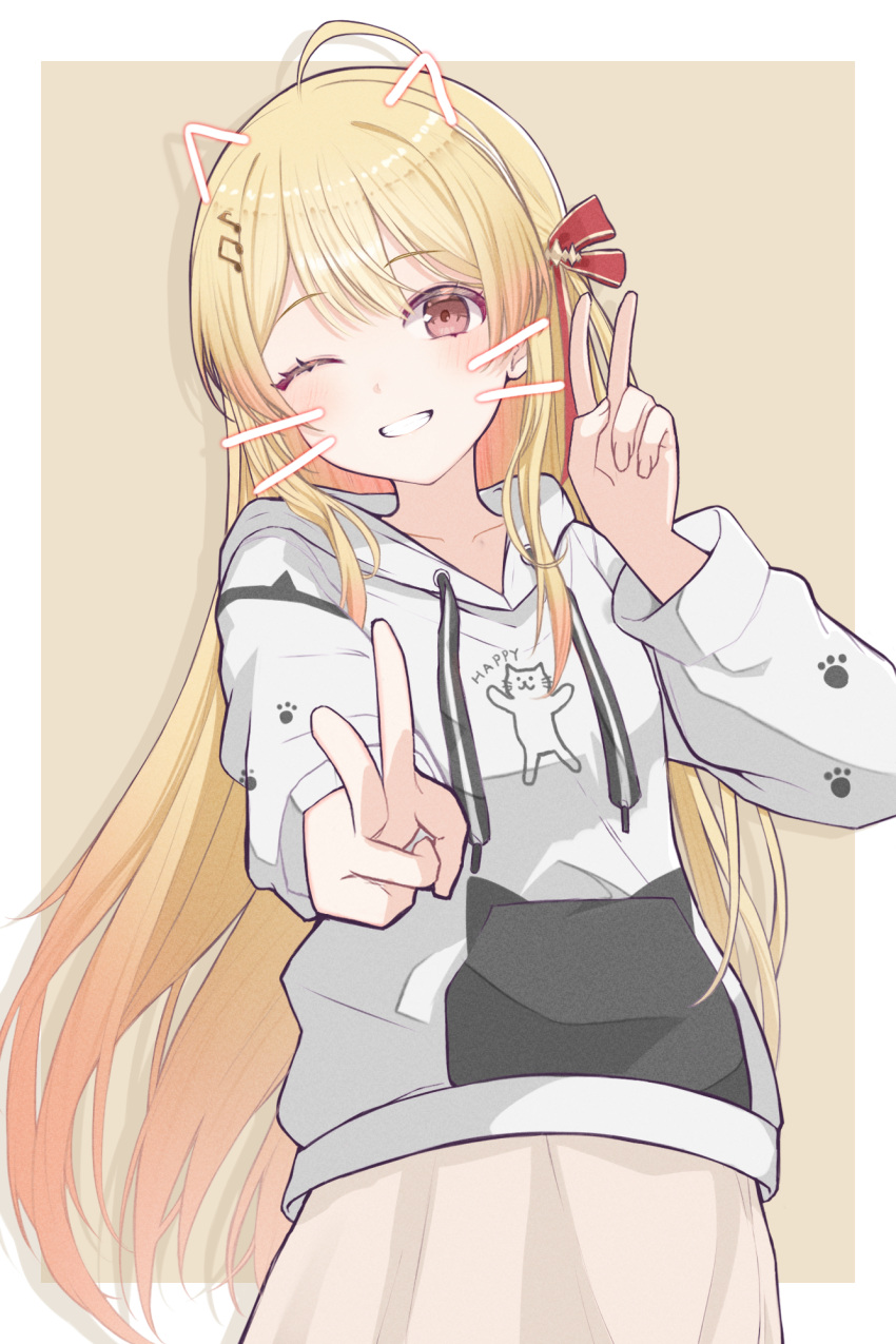 1girl ahoge blonde_hair cowboy_shot double-parted_bangs double_v drawstring drop_shadow grin hair_ornament hair_ribbon hand_up highres hololive hololive_dev_is hood hoodie long_hair looking_at_viewer musical_note musical_note_hair_ornament one_eye_closed otonose_kanade red_eyes red_ribbon ribbon shintakumin skirt smile solo v very_long_hair virtual_youtuber white_hoodie yellow_background