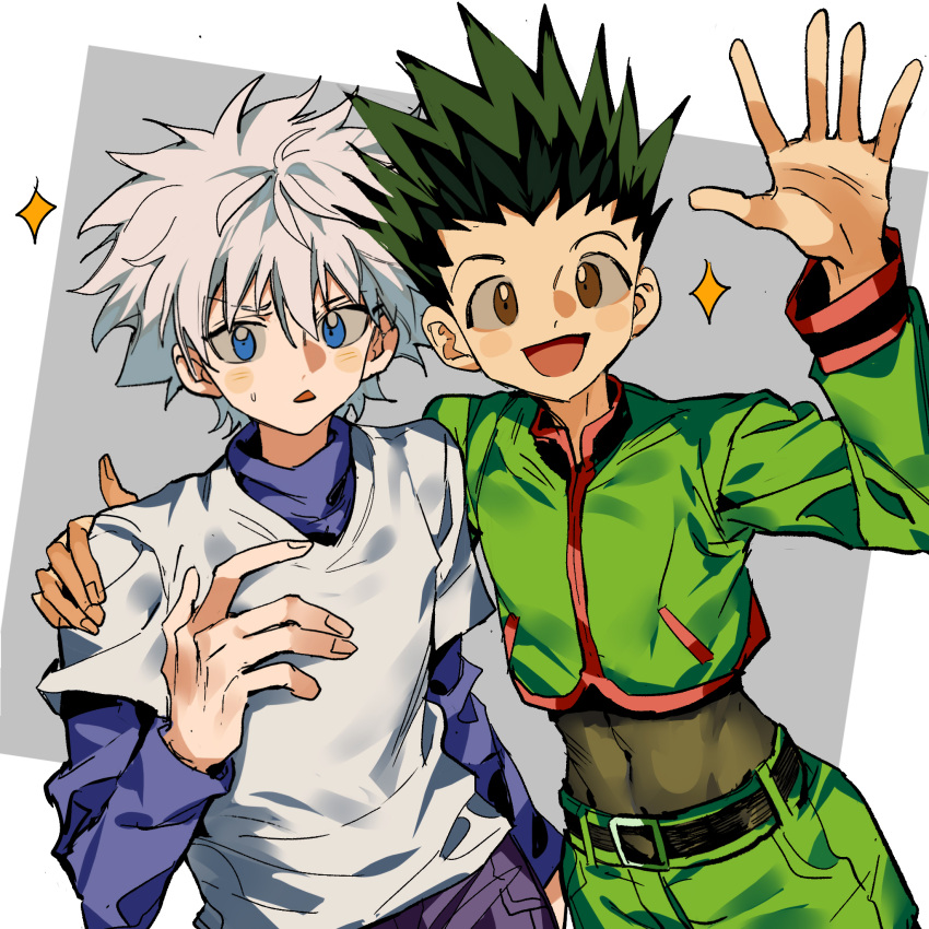 2boys :d belt blue_eyes blue_shirt blush brown_eyes covered_navel cropped_jacket gon_freecss green_hair green_jacket green_shorts hand_on_another's_shoulder hand_up highres hunter_x_hunter jacket killua_zoldyck male_focus midriff multiple_boys open_mouth shirt shorts simple_background smile sparkle spiky_hair sweatdrop waving white_hair white_shirt xi_luo_an_ya