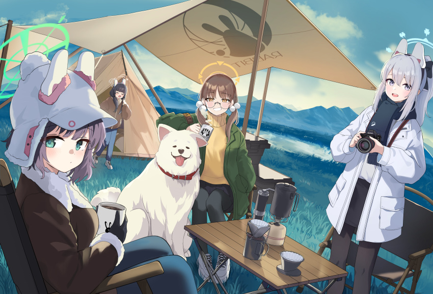 4girls absurdres animal animal_ears black_gloves black_hair black_pantyhose black_scarf blue_archive blue_halo blue_pants blush brown_hair brown_jacket camera camping closed_mouth coffee cup day dog fake_animal_ears gloves green_eyes green_halo green_jacket grey_hair grey_halo grey_jacket halo highres holding holding_camera holding_cup inapple jacket long_hair long_sleeves looking_at_viewer miyako_(blue_archive) miyu_(blue_archive) moe_(blue_archive) multiple_girls one_side_up open_clothes open_jacket open_mouth outdoors pants pantyhose rabbit_ears rabbit_platoon_(blue_archive) saki_(blue_archive) scarf short_hair smile sweater tent twintails violet_eyes yellow_eyes yellow_halo yellow_sweater